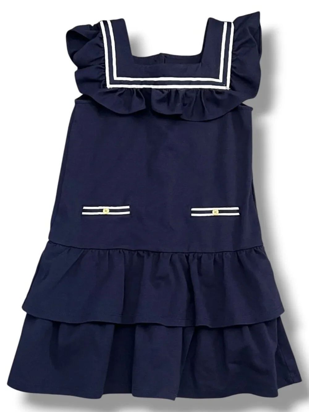 Janie and Jack Nautical Sailor Navy Blue White Ruffle Sleeveless Dress Size 7